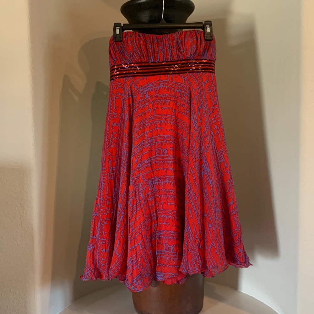 Beyond division of jovani beaded strapless 100% silk patterned dress